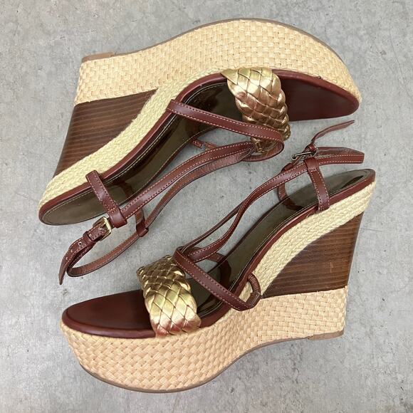 Audrey Brooke 9.5 Shakes Brown Gold Weave Espadrille Platform Wedge Sandals - Picture 4 of 10